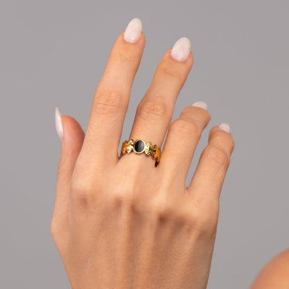 Adjustable Onyx Ring 18k Gold Plated