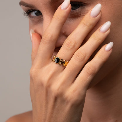 Adjustable Onyx Ring 18k Gold Plated