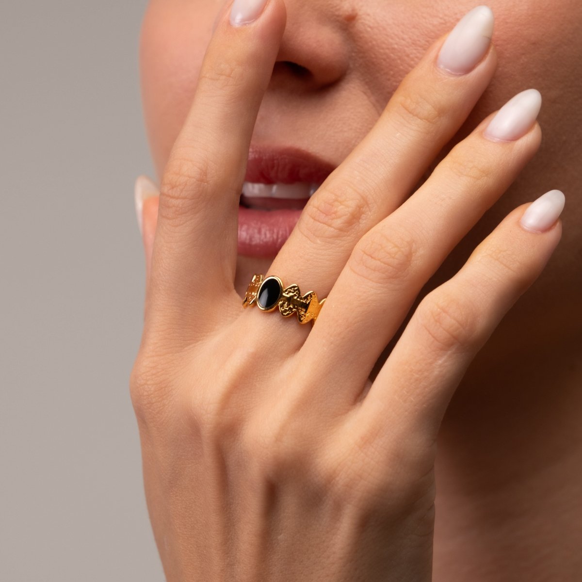 Adjustable Onyx Stone Ring 18k Gold Plated