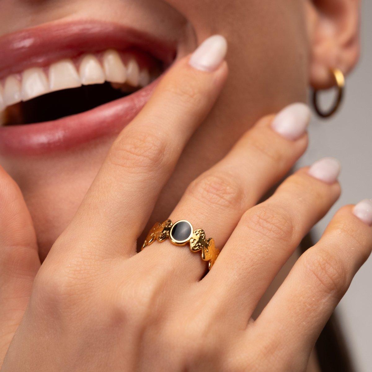 Adjustable Onyx Stone Ring 18k Gold Plated