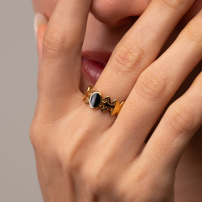 Adjustable Onyx Stone Ring 18k Gold Plated
