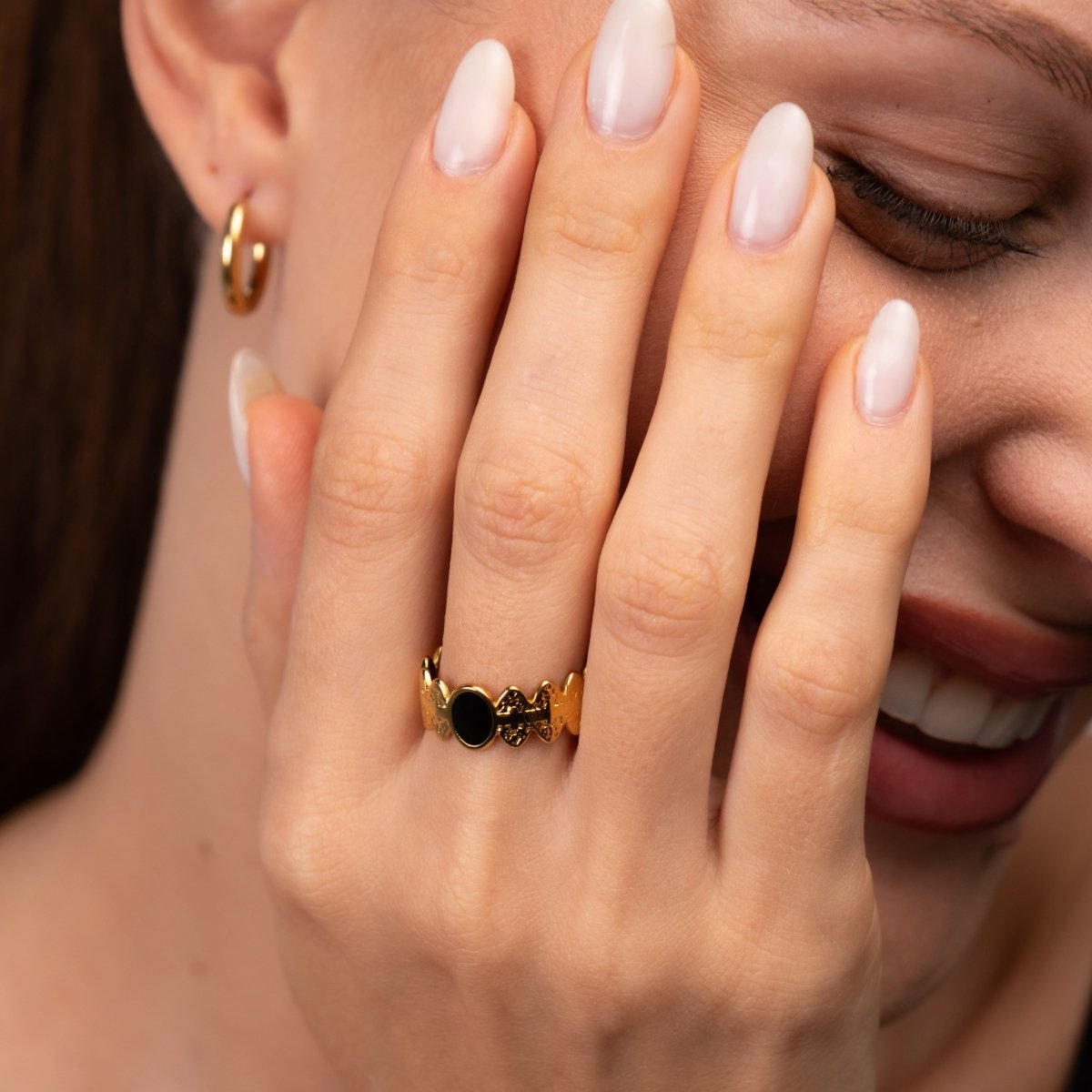 Adjustable Onyx Stone Ring 18k Gold Plated