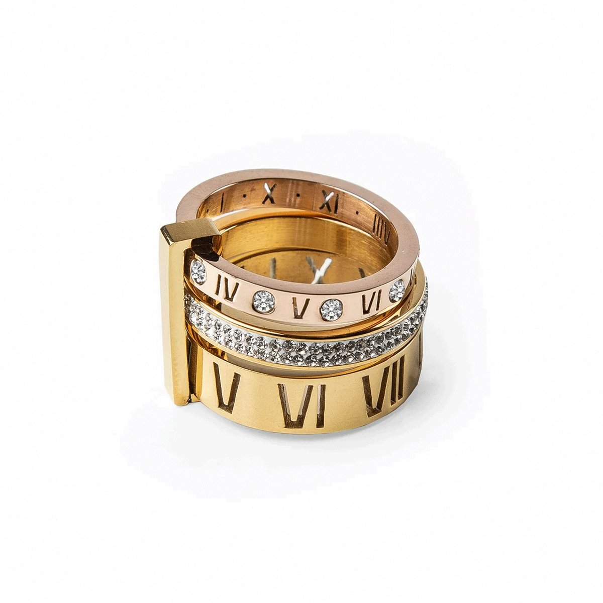 Triple Band Roman Numeral 18k Gold Plated Ring