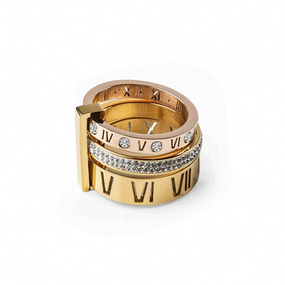 Triple Band Roman Numeral 18k Gold Plated Ring
