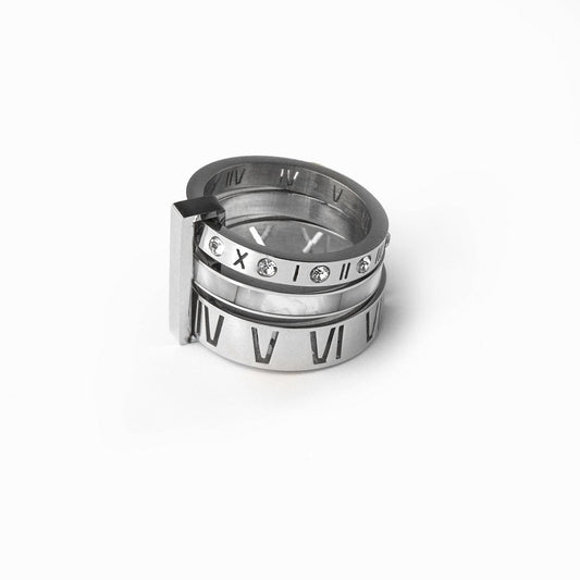 Triple Band Roman Numeral 18k Gold Plated Ring - Silver