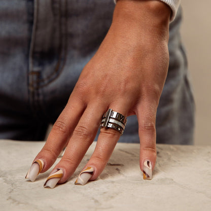 Triple Band Roman Numeral 18k Gold Plated Ring - Silver