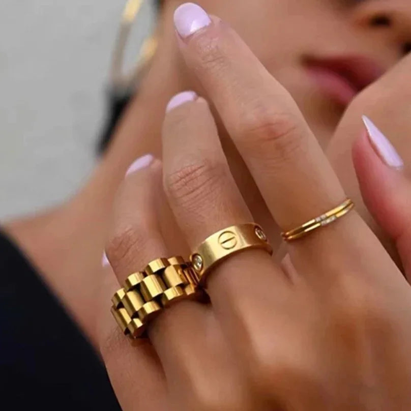 Beauty Wide Minimalist Link 18k Gold Plated Ring