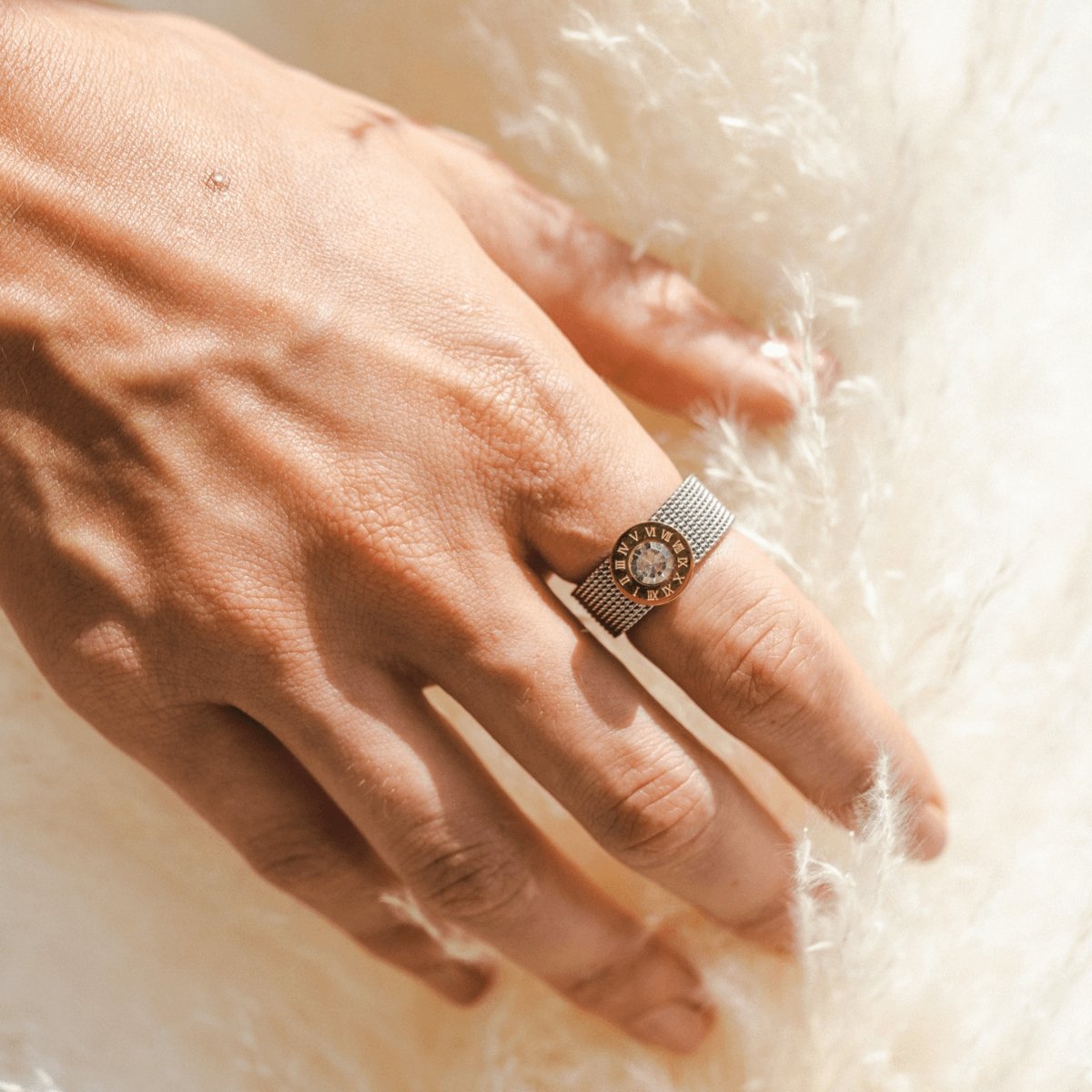 Roman Mesh 18k Gold Plated Ring - Silver