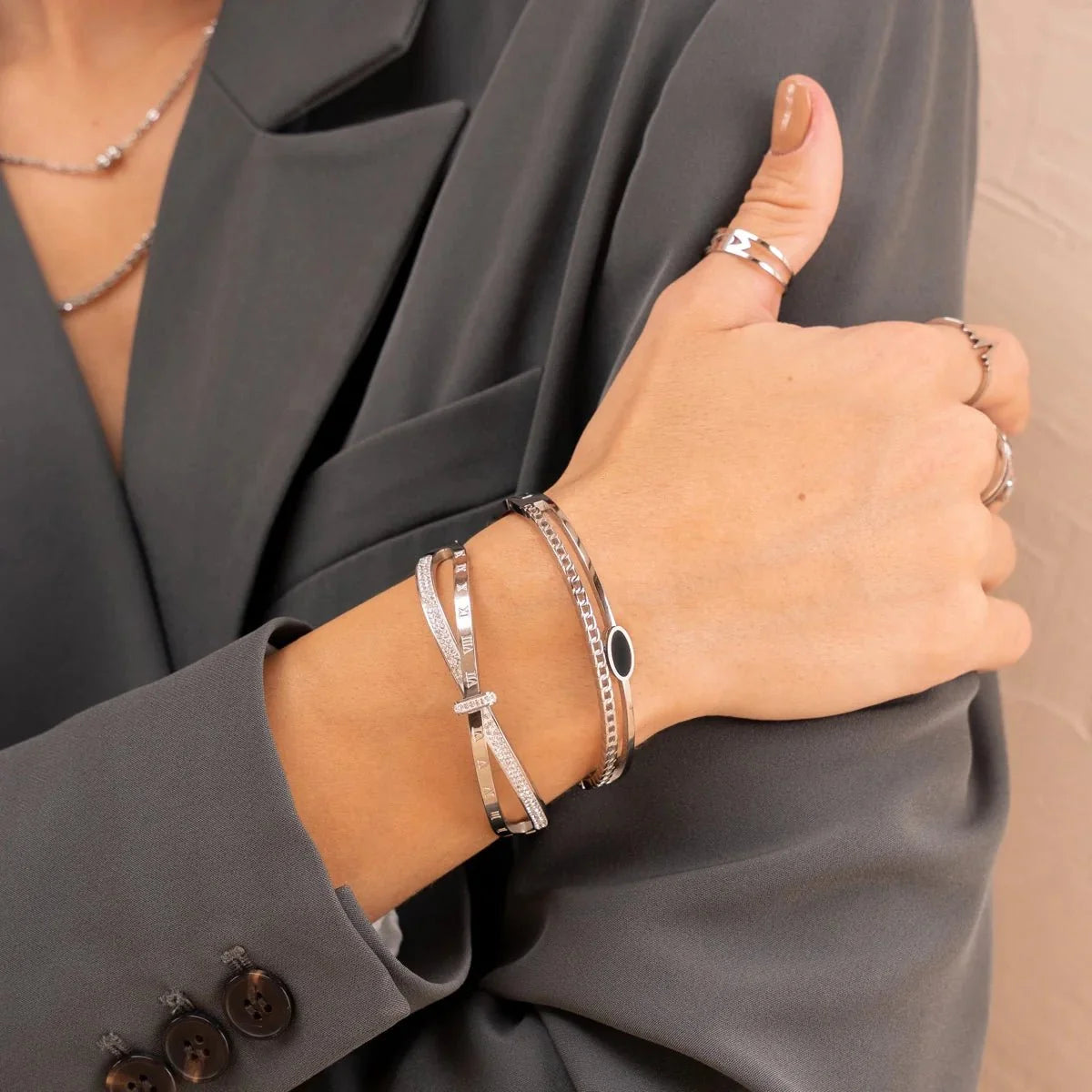 Onyx Layered Bangle - Silver