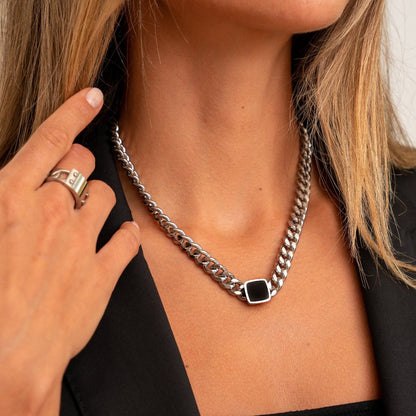 Square Onyx Stone Chain Necklace - Silver